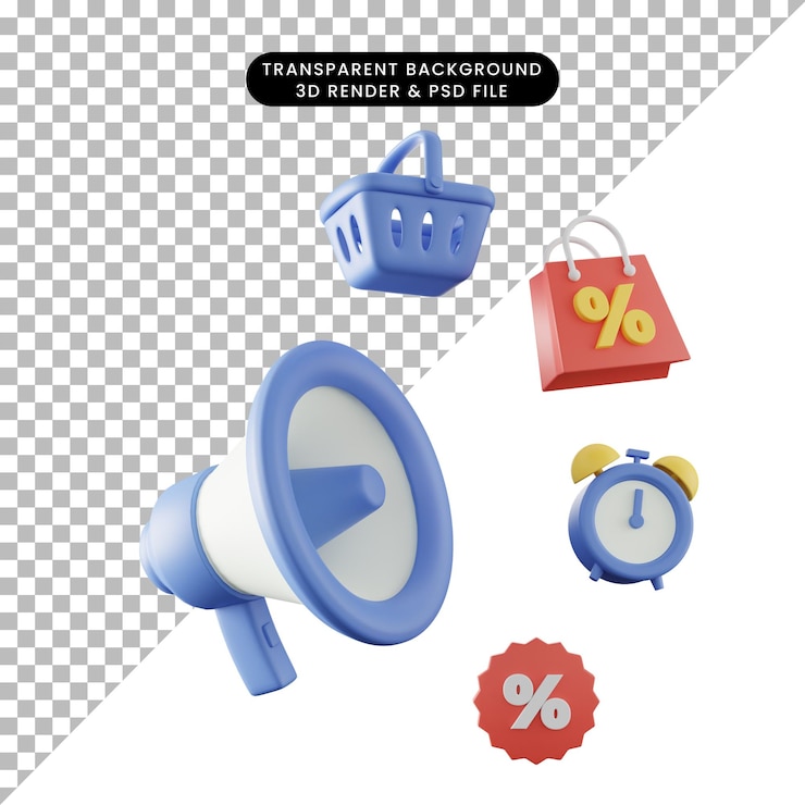 3d illustration of discount icon with megaphone
