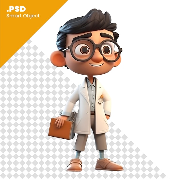 3D illustration of a doctor with glasses and a briefcase walking PSD template