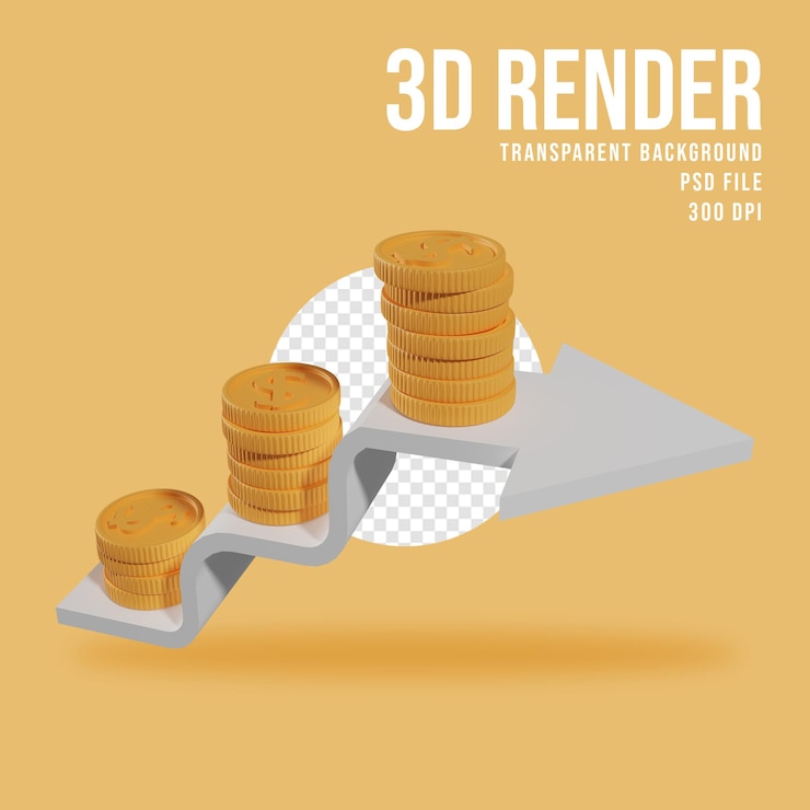 PSD 3d illustration dollar coin with growth arrow