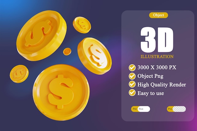 PSD 3d illustration dollar coins flowing 3