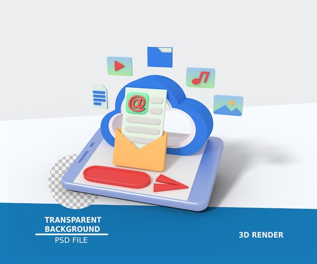 Illustrazione 3d di e-mail nell'archiviazione cloud