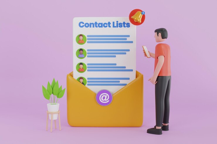 PSD 3d illustration of email contact list apps for mobile concept for email list