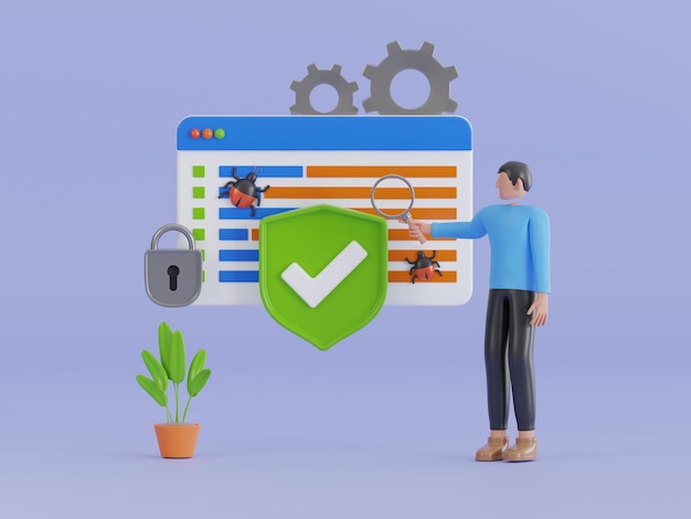 PSD 3d illustration of encrypted computer with shield and padlock antivirus testing concept
