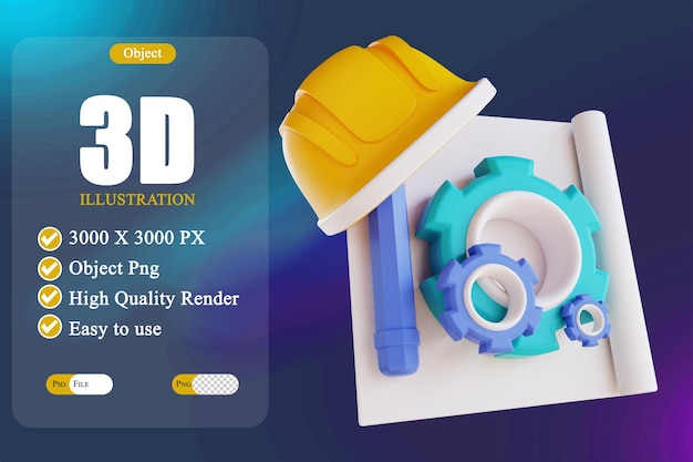 PSD 3d illustration engineering helmet and tools