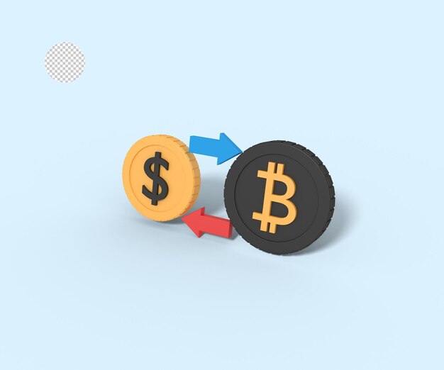 PSD 3d illustration of exchanging bitcoins for dollars