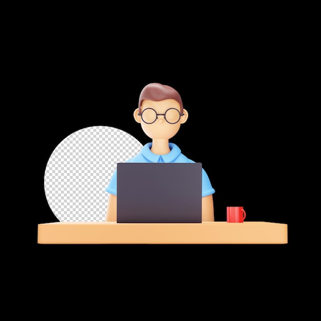 PSD 3d illustration of eyeglasses wearing young man with laptop and mug on desk against black circle png background