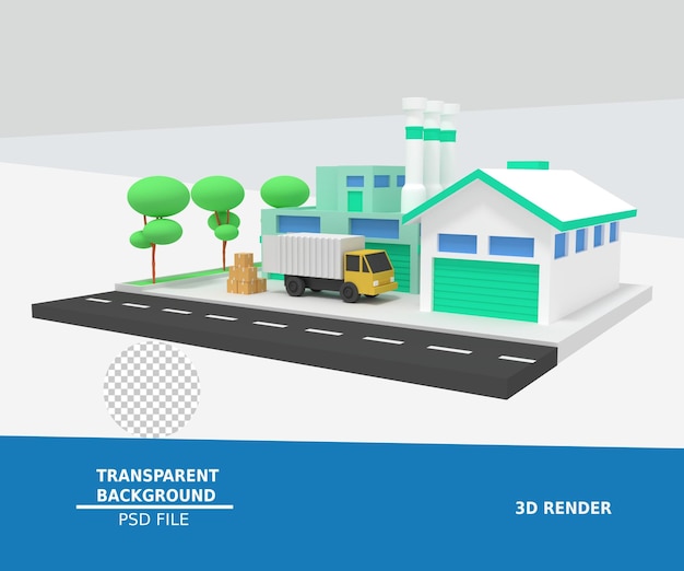 PSD illustrazione 3d di fabbrica e magazzino