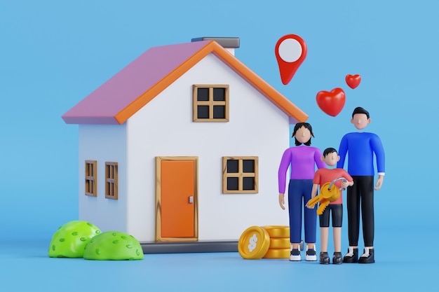 PSD 3d illustration of family standing in front of a new house