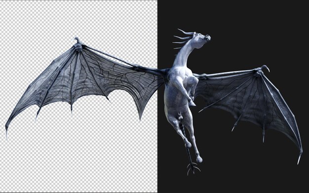 PSD 3d illustration of a fantasy horse isolated on black background with clipping path wing of demon ho