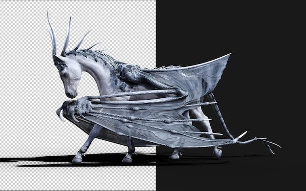 3Dイラスト: 黒い背景で孤立したファンタジー馬のクリッピングパス 悪魔の翼