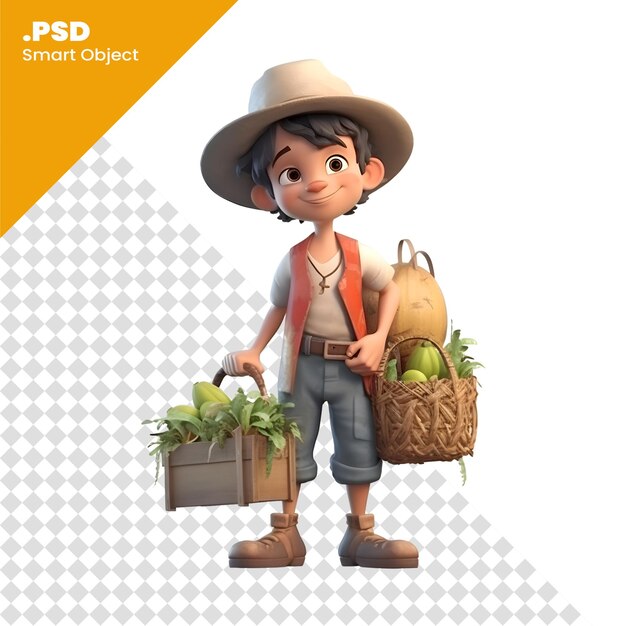 PSD 3d illustration of a farmer with a basket full of fresh vegetables psd template