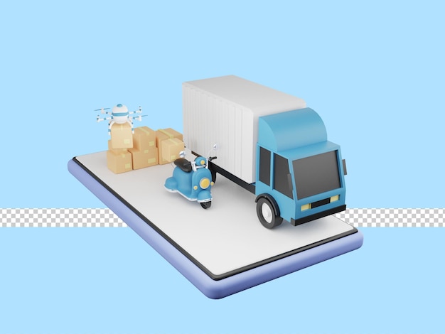 3d illustration of fast delivery service by truck, scooter, drone