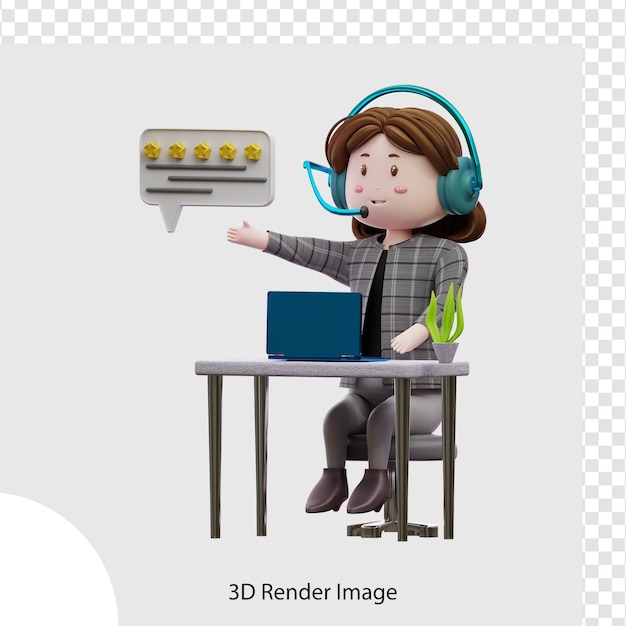 3d illustration female customer service 5 star