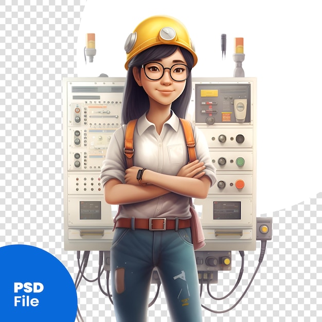 PSD 3d illustration of a female electrician with a helmet and glasses psd template