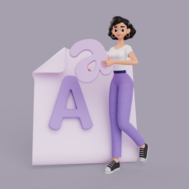 Illustrazione 3d del personaggio grafico femminile che tiene una lettera
