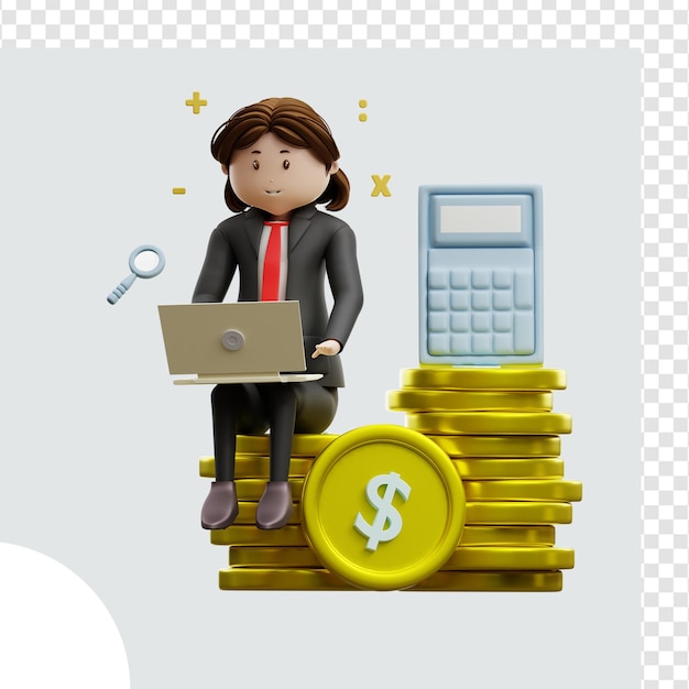 PSD 3d illustration female tax accountant calculating