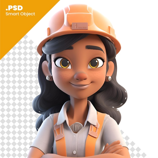 PSD 3d illustration of a female worker wearing an orange hard hat psd template