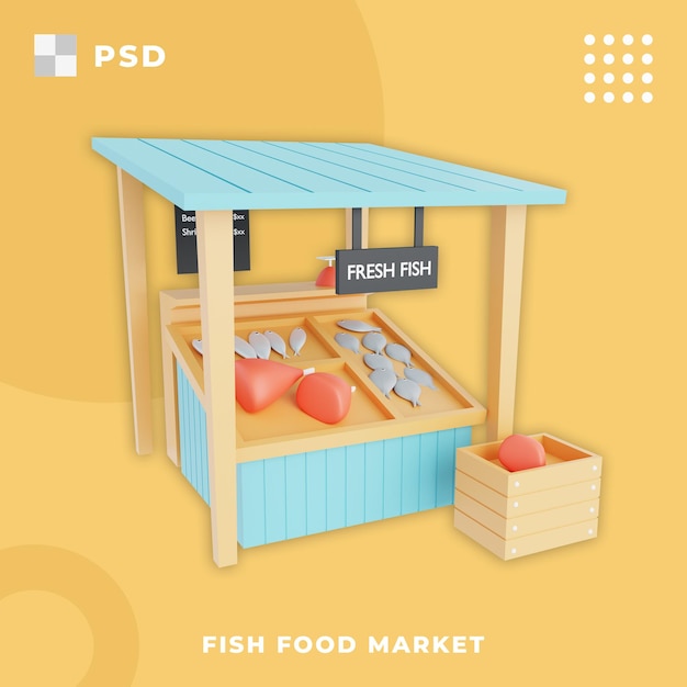 PSD illustrazione 3d del mercato alimentare del pesce mercato tradizionale pesce fresco