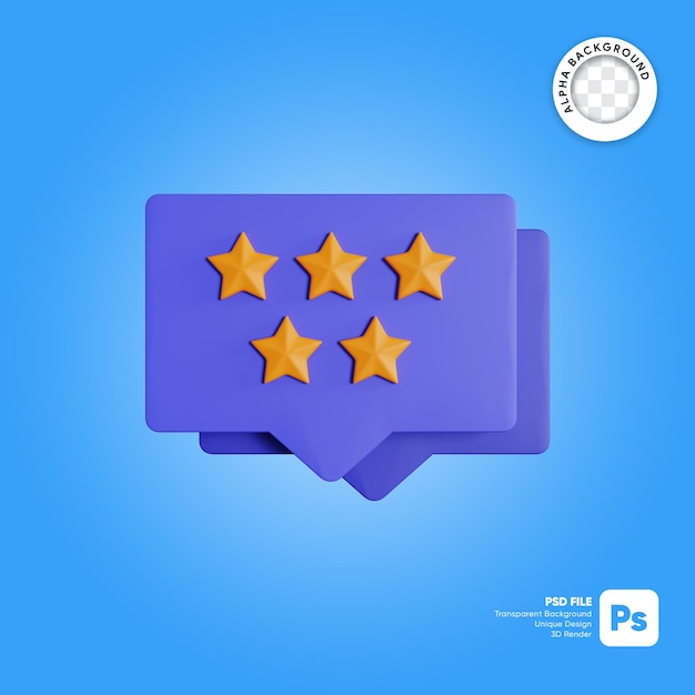 PSD illustrazione 3d bolla di chat con revisione a cinque stelle