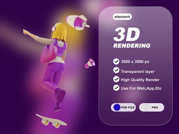 3d illustration of flying business woman using skateboard reviewing report and analyzing data