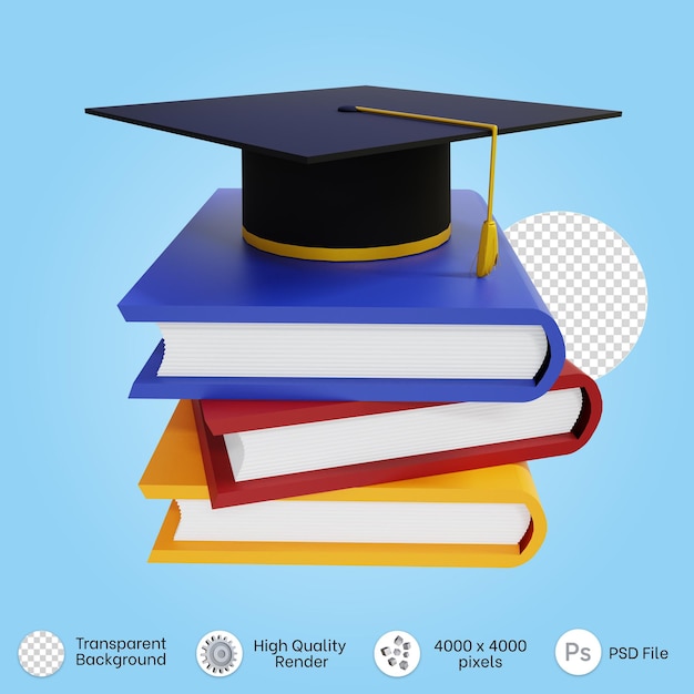PSD 卒業の帽子と本大学アイコンのスタックの概念を勉強するための 3 d イラストレーション