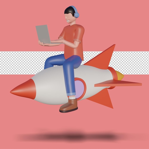 3d illustration of freelancer with computer sitting on rocket  