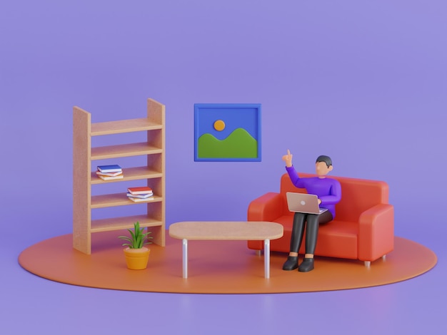 Illustrazione 3d di un libero professionista che lavora a casa con il computer portatile lavoro freelance di marketing su internet