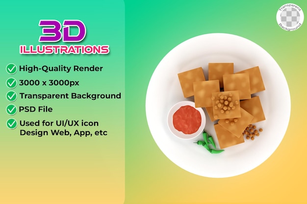 PSD 3d illustration of fried tofu with cayenne pepper and sauce on a plate of indonesian food