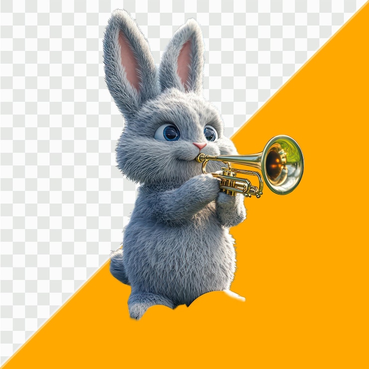 PSD 3d illustration full body grey easter bunny blowing a trumpet surrounded by easter eggs standing