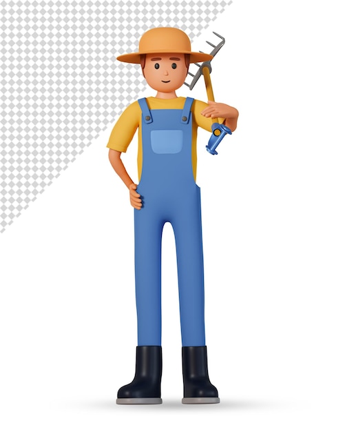 PSD 3d illustration of gardener man hold rake