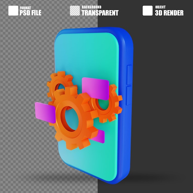 PSD illustrazione 3d ingranaggio e handphone