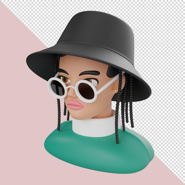 3d illustration of girl in a bucket hat and braids