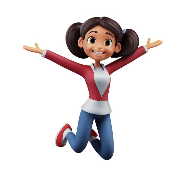 PSD 3d illustration of girl character happy jumping transparent background