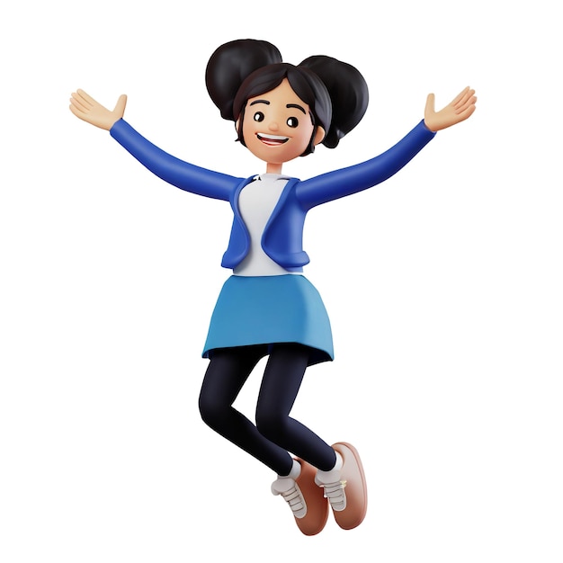 PSD 3d illustration of girl character happy jumping transparent background