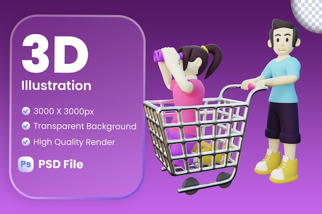 PSD 3d illustration of girl and his boyfriend shopping