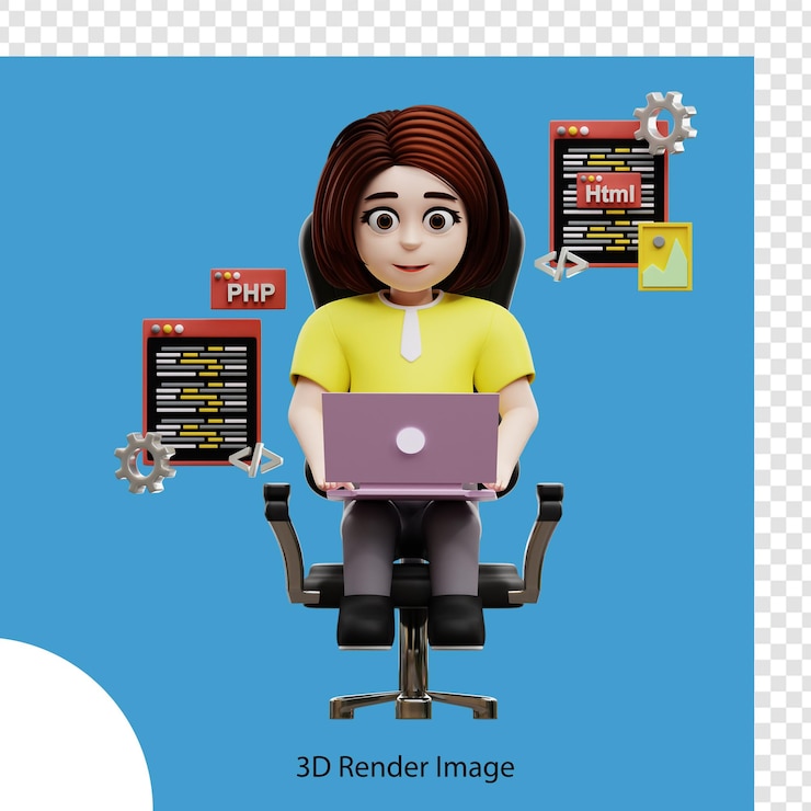 PSD 3d illustration girl student learning programming