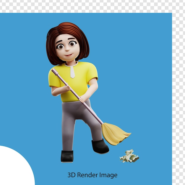 3d illustration girl student sweeping