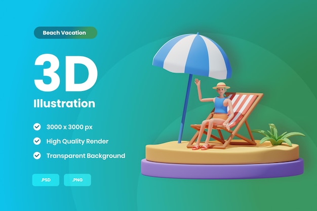 PSD 3d-иллюстрация девушка загорает на пляже стула