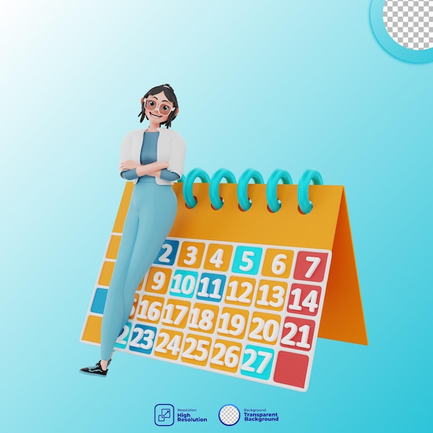 Illustrazione 3d della ragazza con il calendario