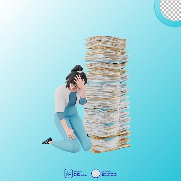 PSD 3d illustration of girl with pile of files