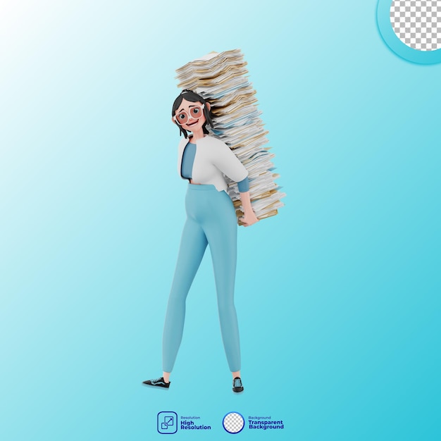 PSD 3d illustration of girl with pile of files