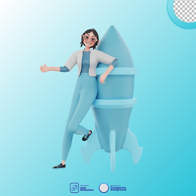 3d illustration of girl with rocket