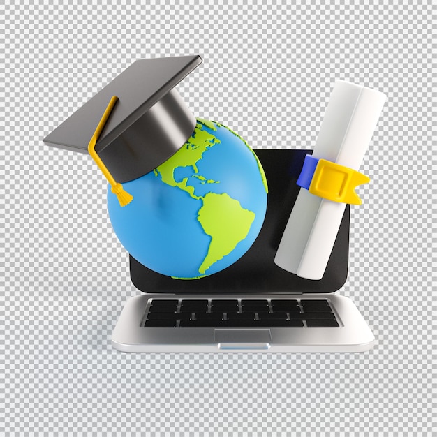 PSD illustrazione 3d dell'istruzione globale online con elementi di laurea