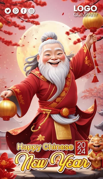 PSD 3d illustration the god of wealth so cute stood and waved on the background sun red