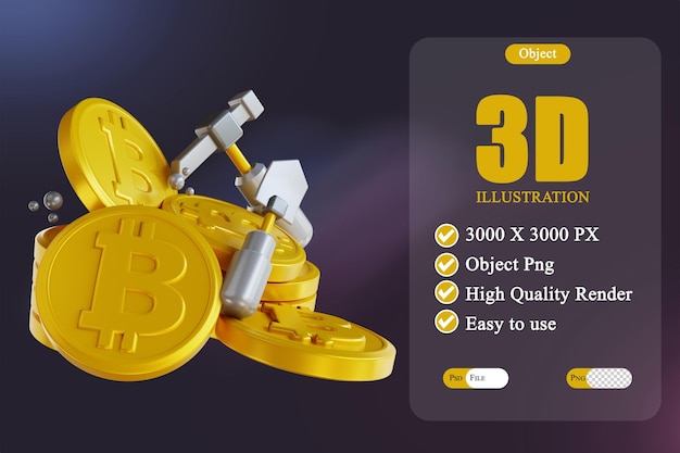 Illustrazione 3d estrazione di bitcoin oro 2