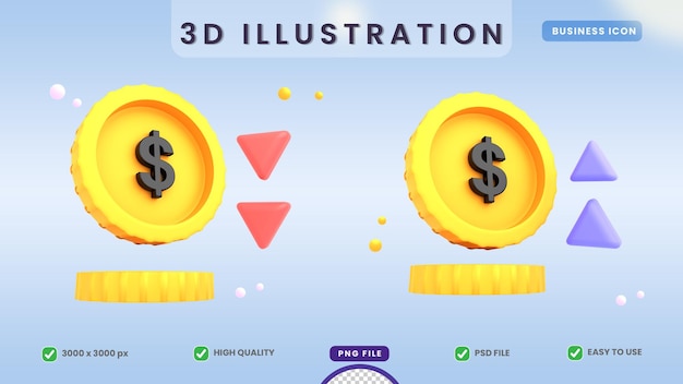 Illustrazione 3d monete dollaro d'oro perdita di profitto premio psd