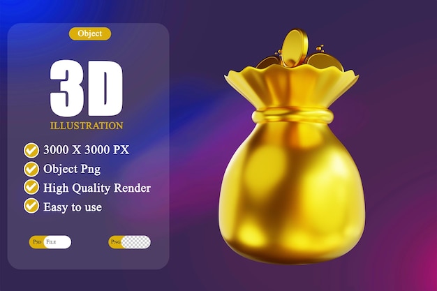 PSD 3d illustration golden common coin bag 3