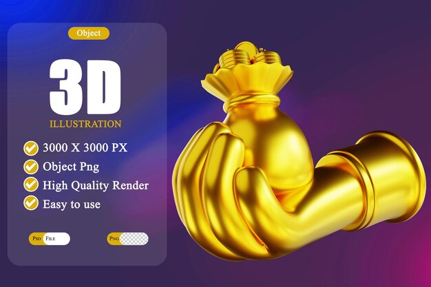 PSD 3d иллюстрация золотая рука и общий мешок для монет 5