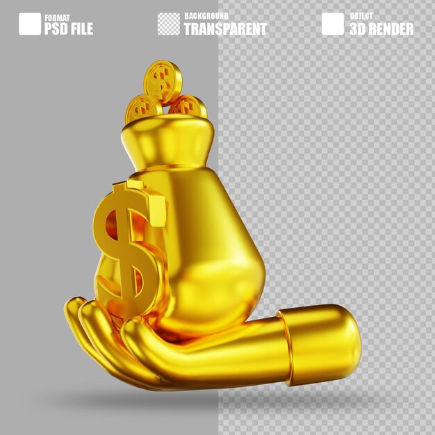 3d illustration golden hand and money bag 2