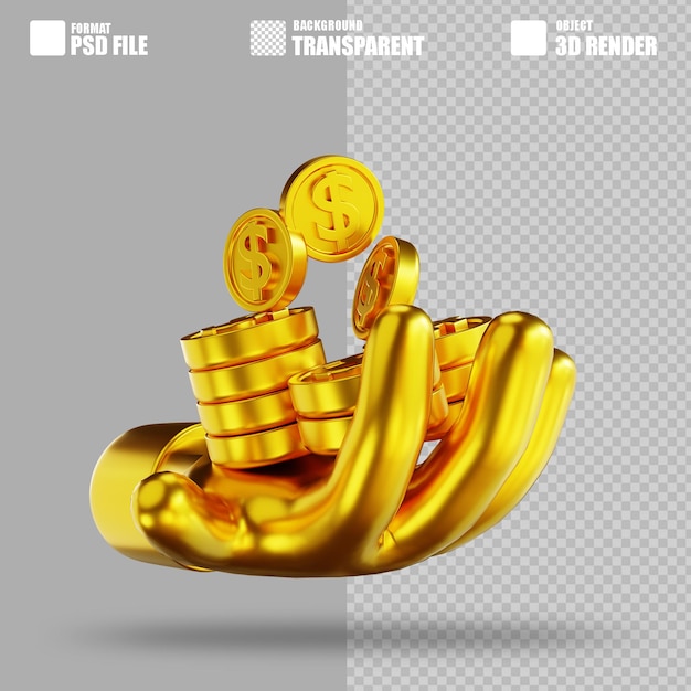 3d illustration golden hands and money coins 3